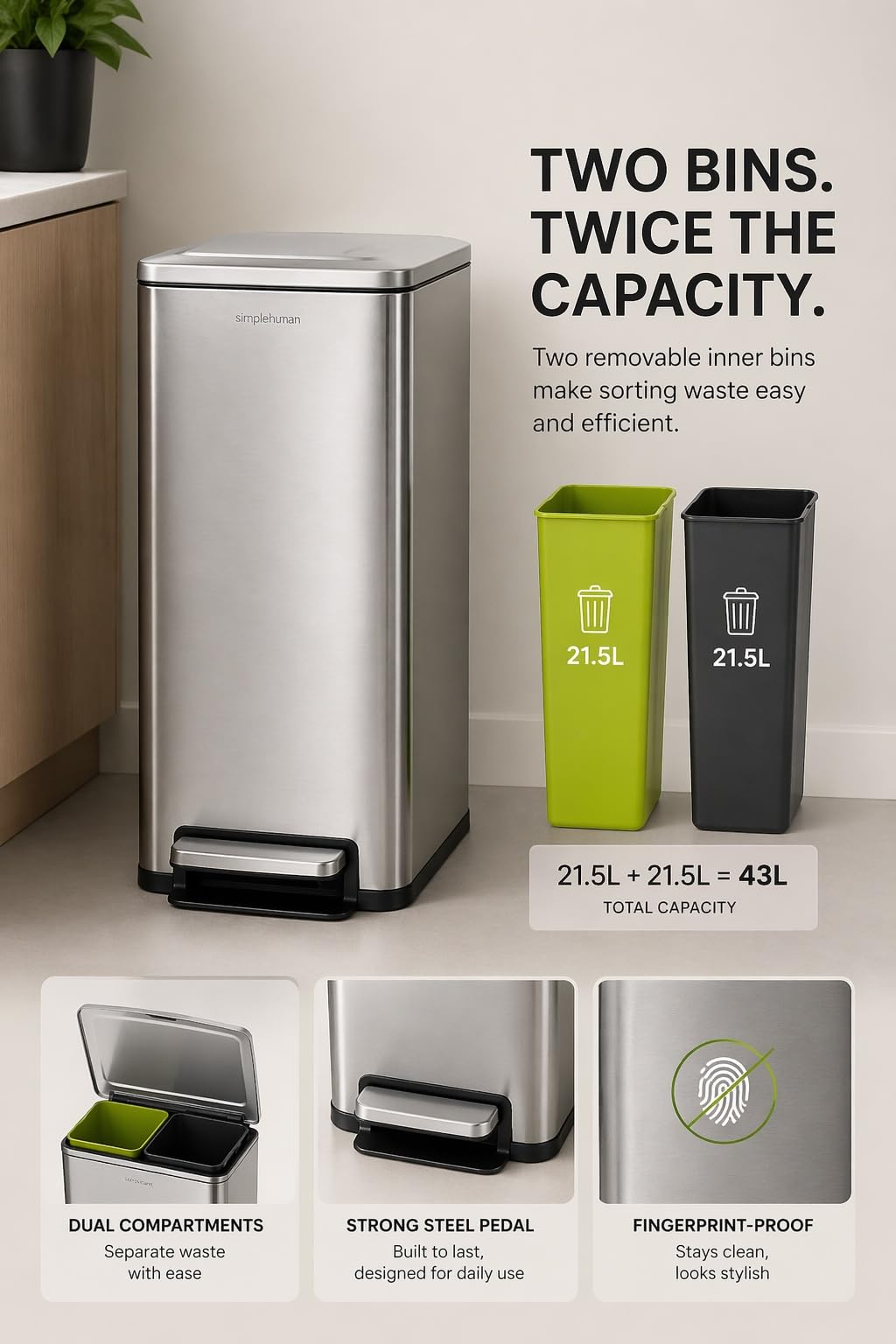 43L Dual Recycling Bin Stainless Steel J884428