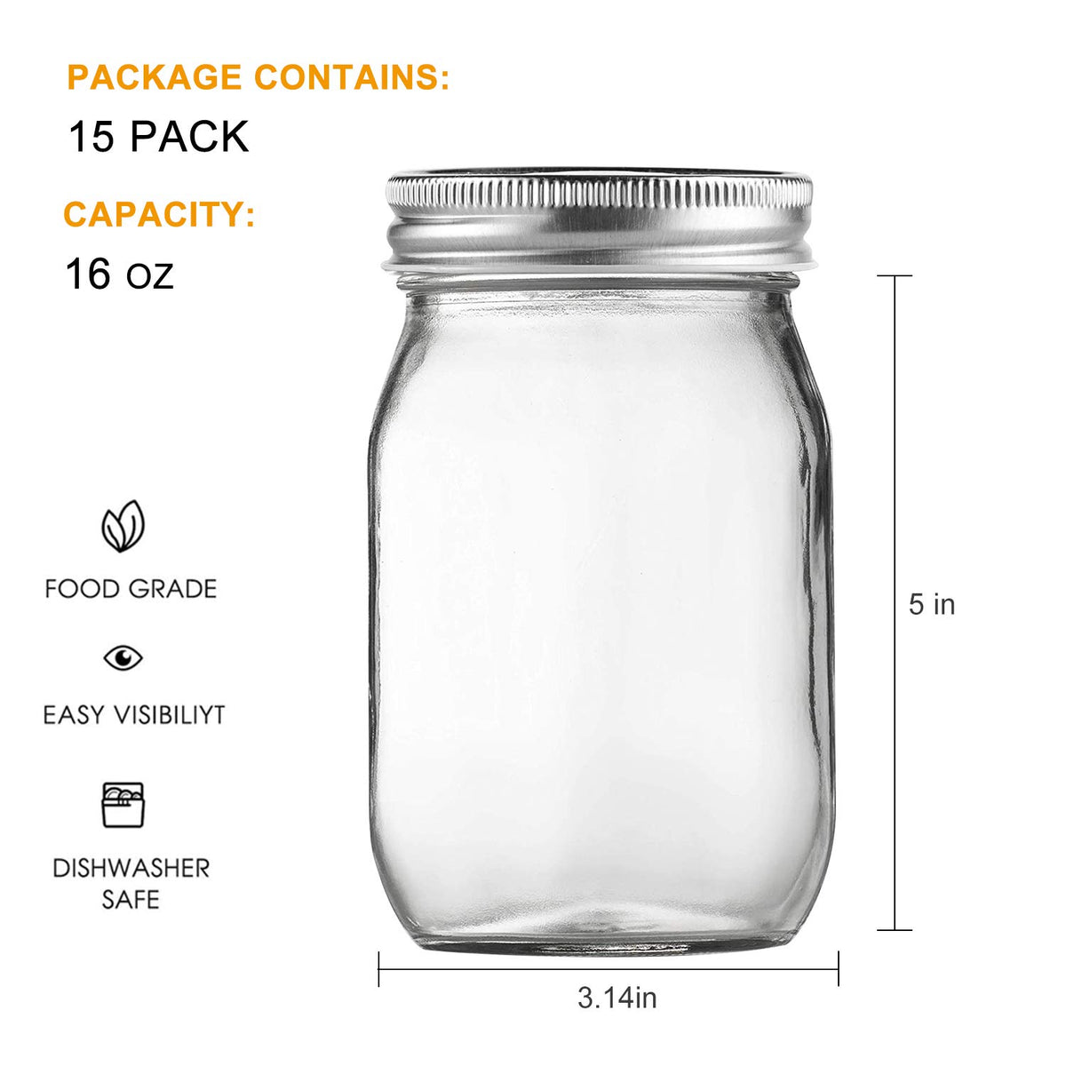 16 Pack 16 oz Glass Mason Jars with Airtight Lids and Bands Q7217