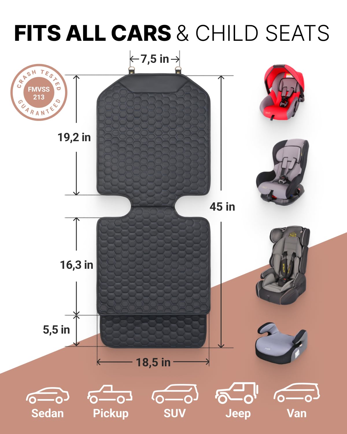 Black-Brown Backless Booster Seat with Latch, Leather Seat Protector & Kick Mat Set Q856