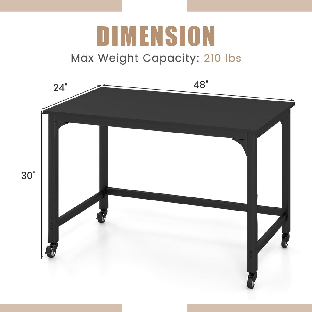 48” Mobile Computer Desk with 4 Lockable Wheels, Black Metal Frame D26828