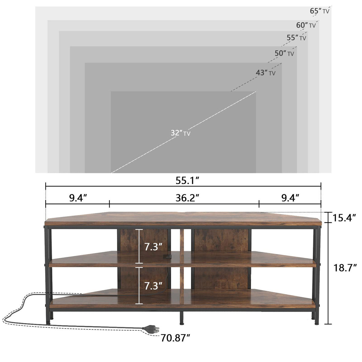 Corner TV Stand with Power Outlet, 55 Inch Rustic Brown L768
