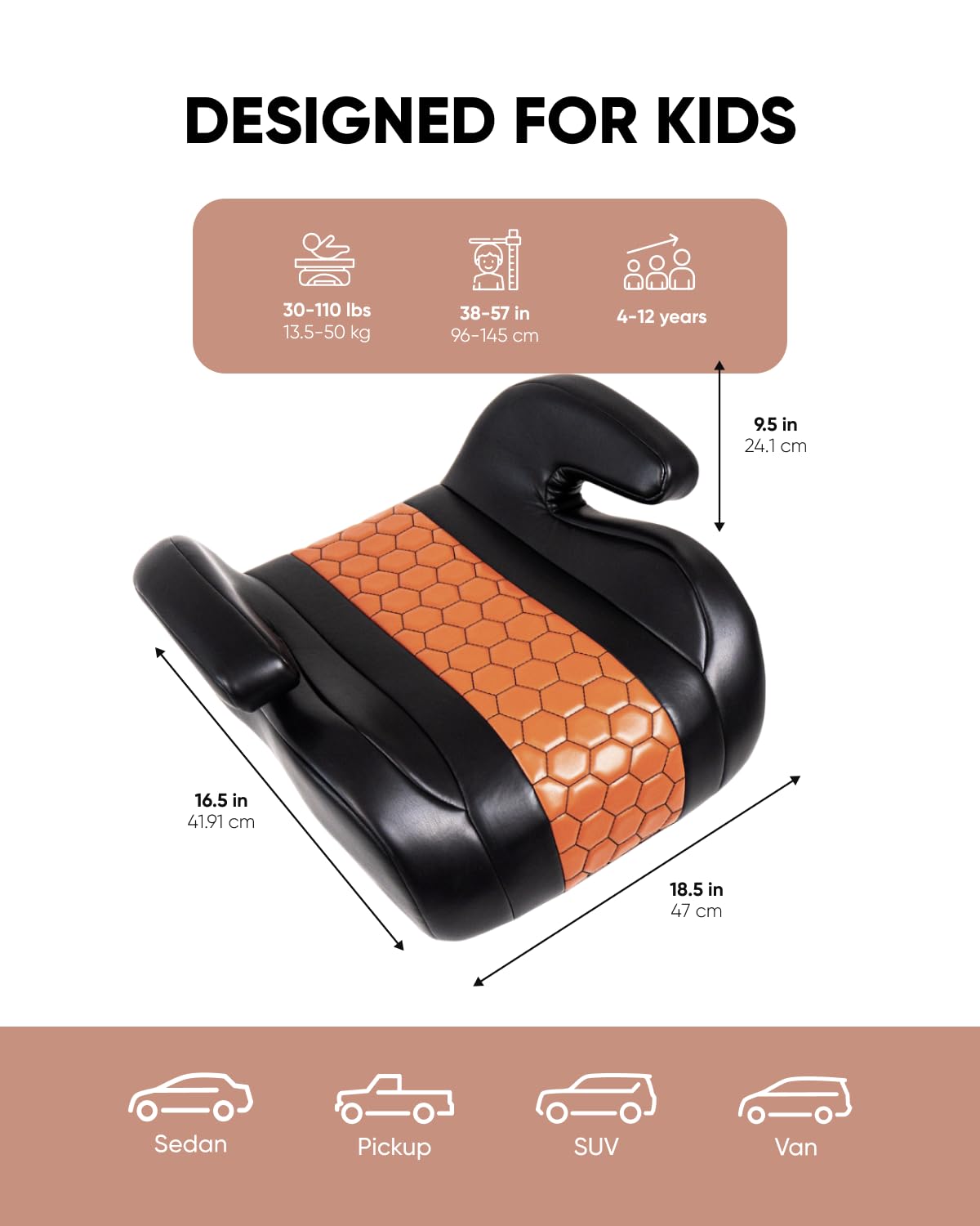 Black-Brown Backless Booster Seat with Latch, Leather Seat Protector & Kick Mat Set Q856