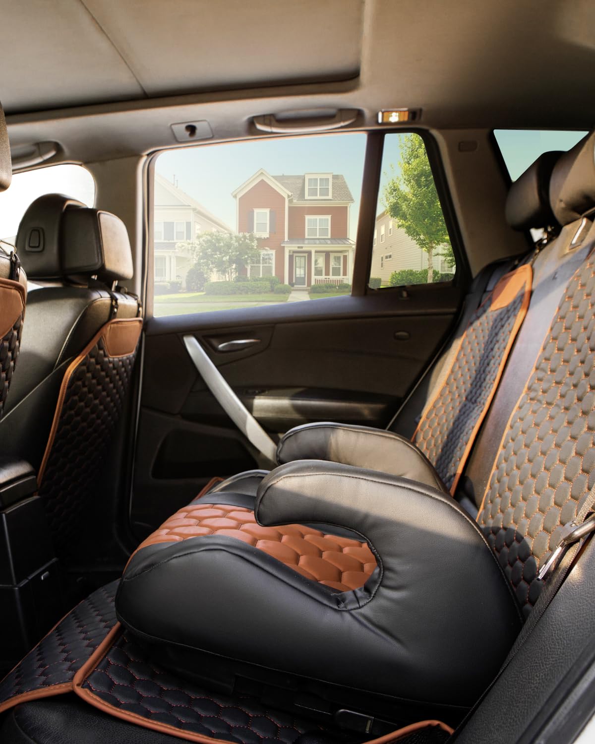 Black-Brown Backless Booster Seat with Latch, Leather Seat Protector & Kick Mat Set Q856