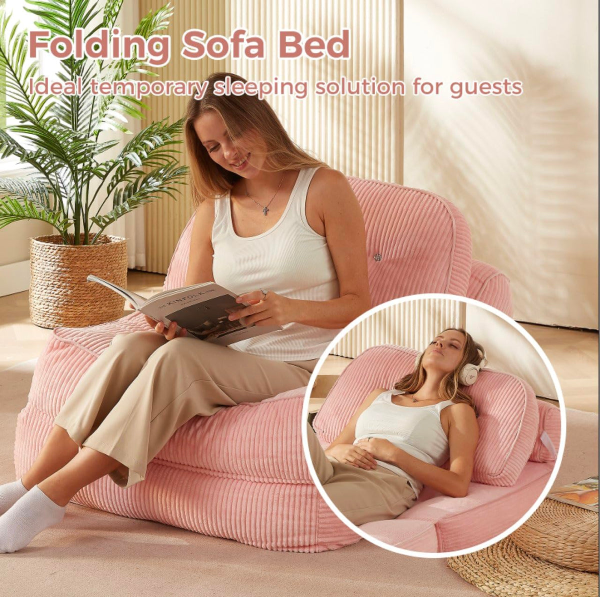 Pink Foldable Sofa Bed with Pillow & Blanket L2553