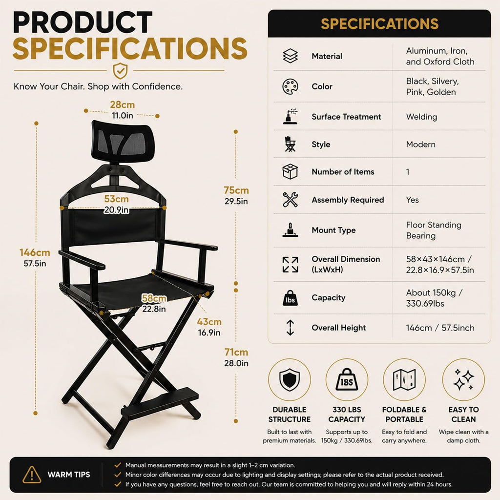 Extra Tall Height Adjustable Folding Makeup Artist Chair V572