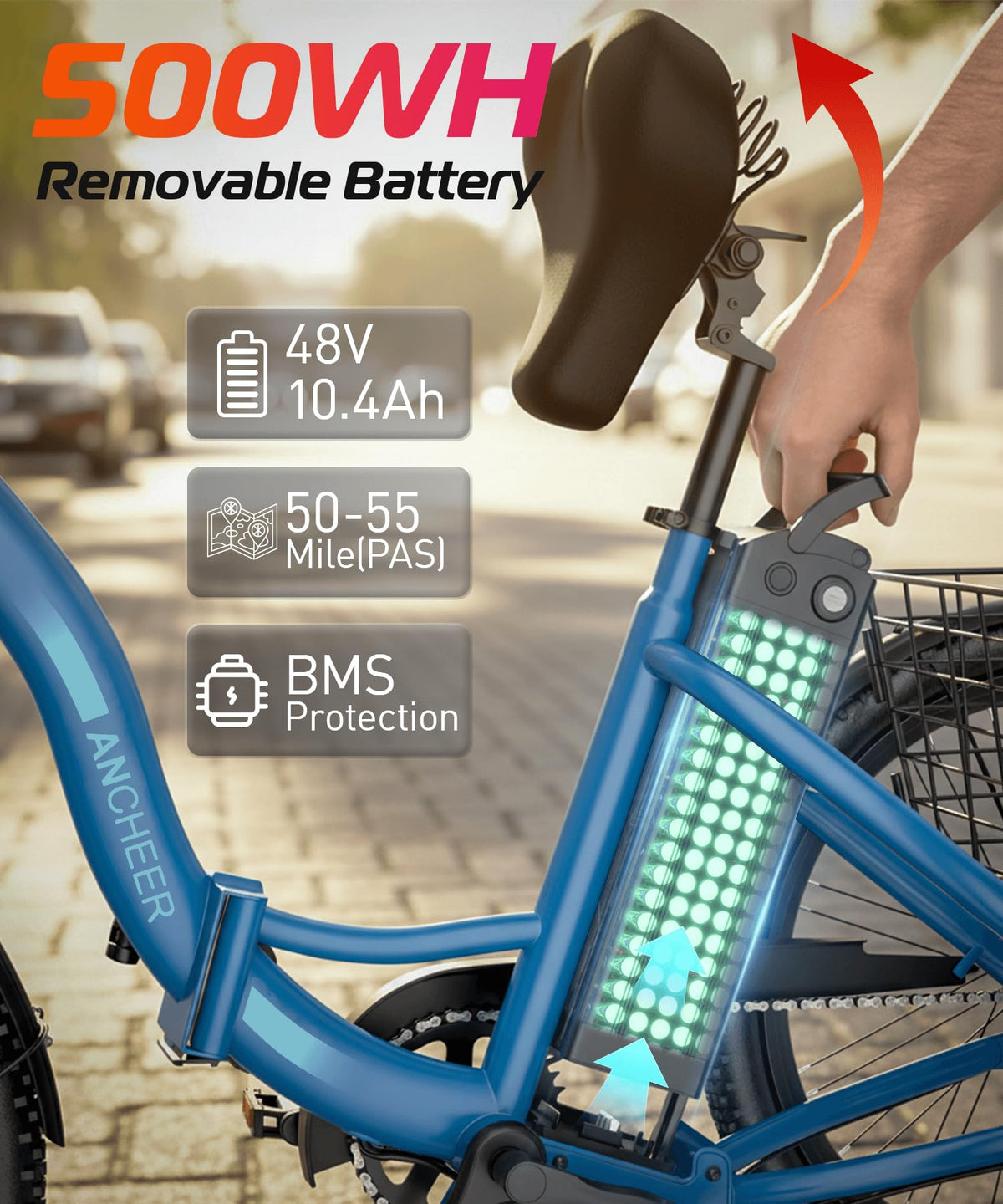 Electric Tricycle for Adults, 600W Folding, 24" 499Wh, 15.5MPH, Removable Battery, 3 Wheel, Blue X468540
