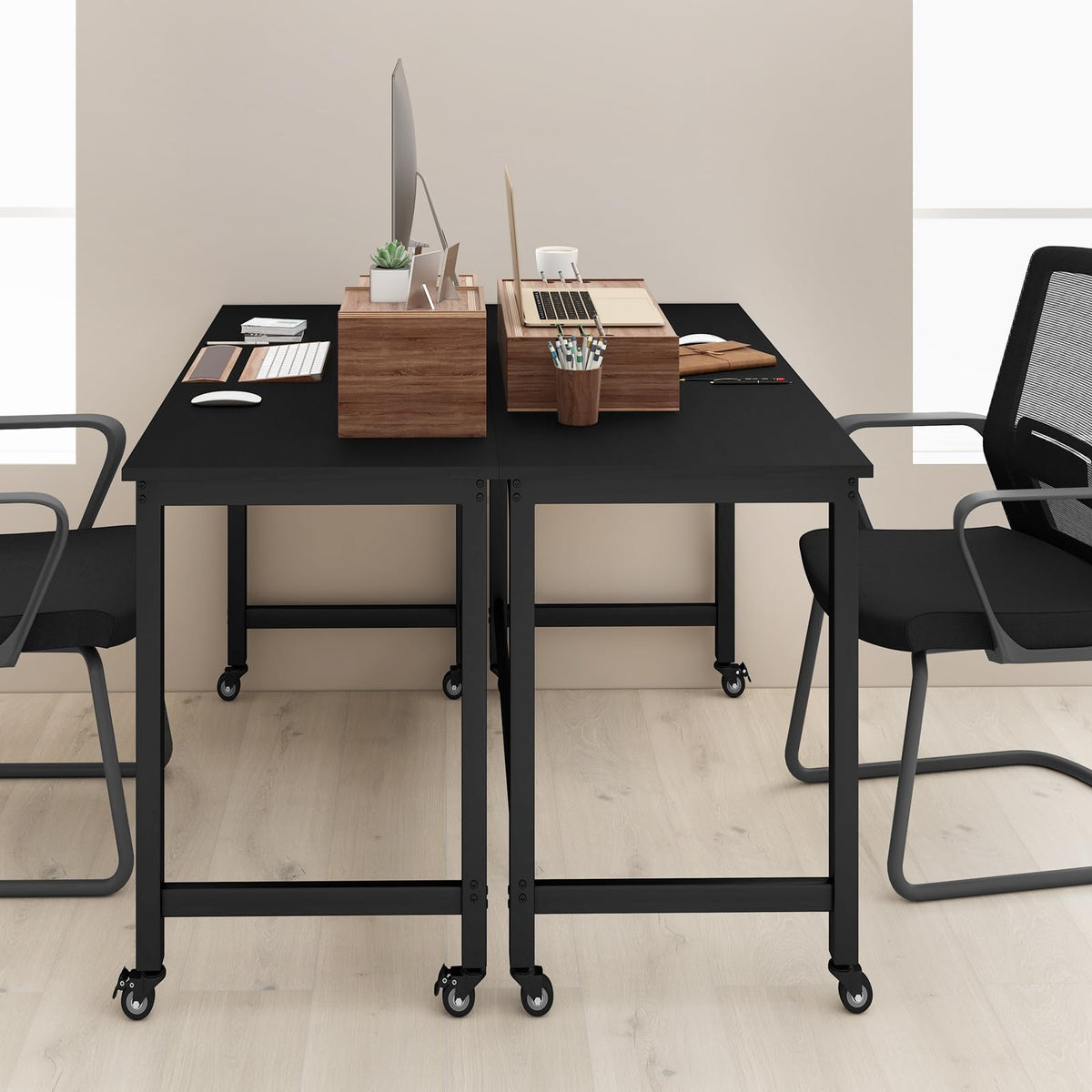 48” Mobile Computer Desk with 4 Lockable Wheels, Black Metal Frame D26828