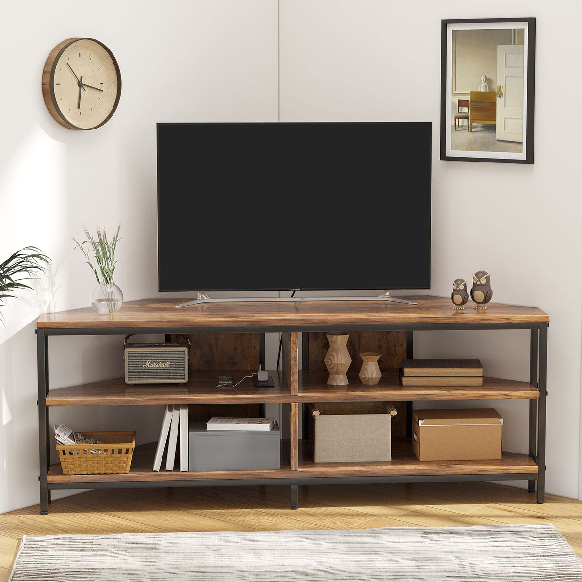 Corner TV Stand with Power Outlet, 55 Inch Rustic Brown L768
