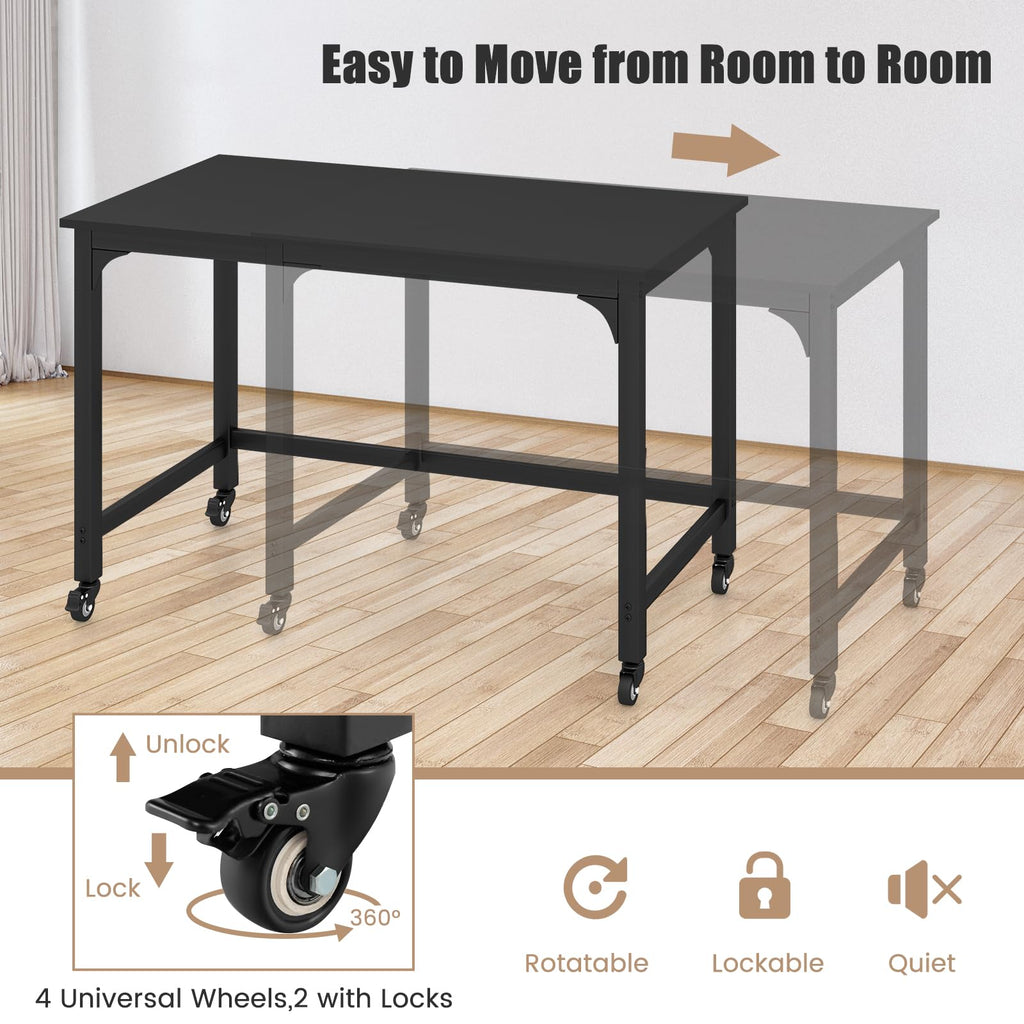 48” Mobile Computer Desk with 4 Lockable Wheels, Black Metal Frame D26828