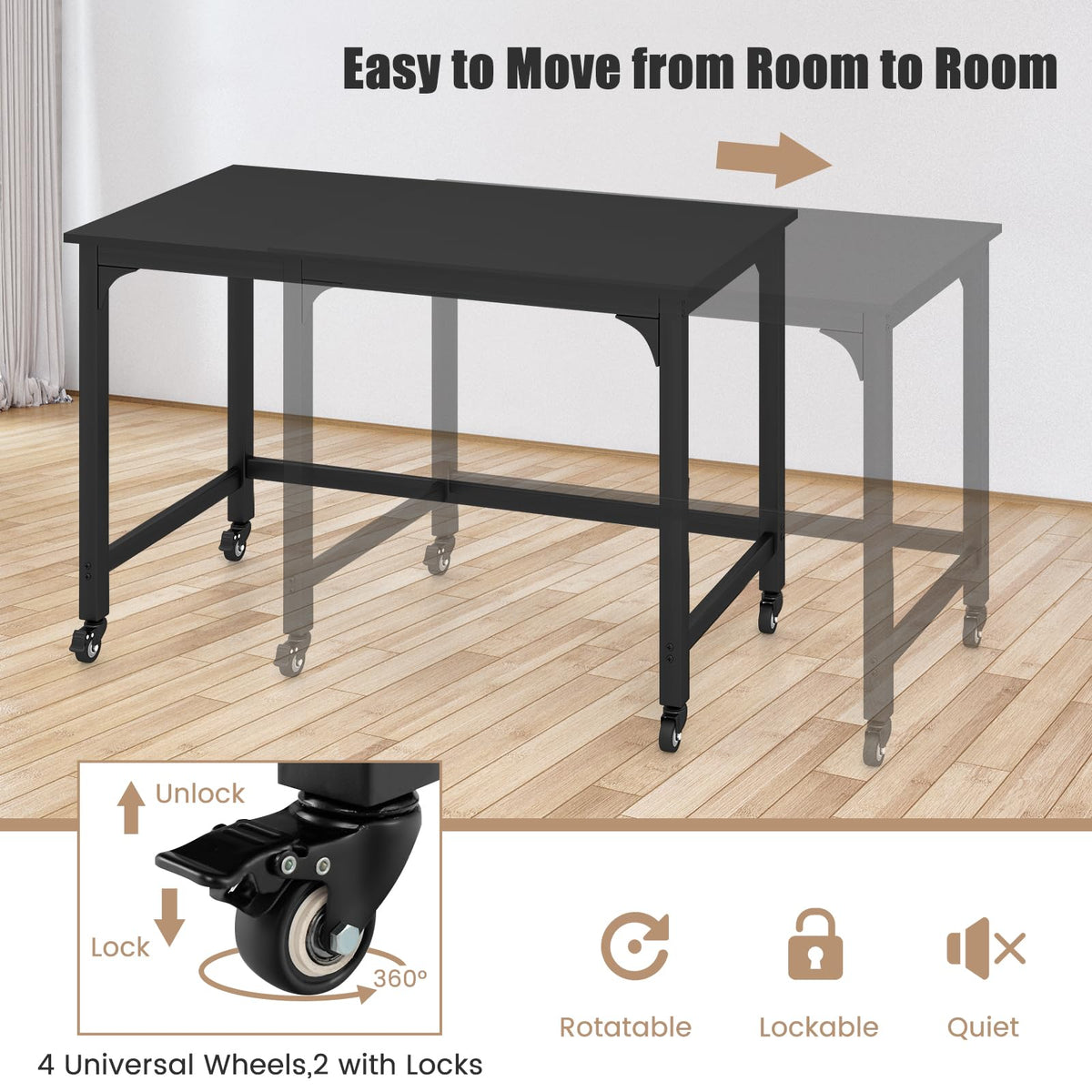 48” Mobile Computer Desk with 4 Lockable Wheels, Black Metal Frame D26828