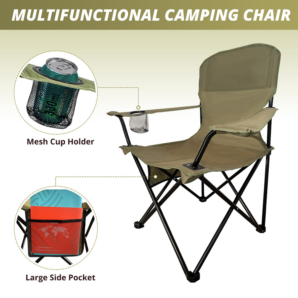 2 Pack Folding Camping Chairs with High Back, 300lbs Capacity, Green C959421