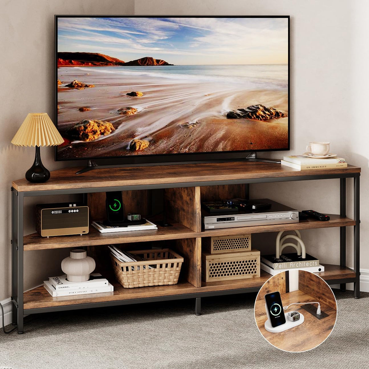 Corner TV Stand with Power Outlet, 55 Inch Rustic Brown L768
