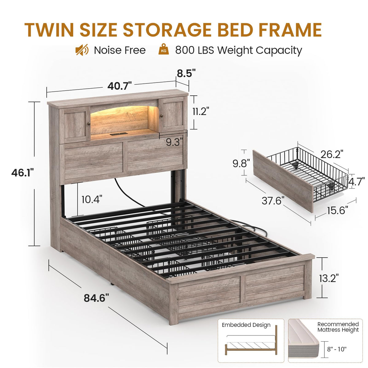 Twin Size Wood Platform Bed Frame with Bookcase Storage Headboard and 4 Drawers O986231