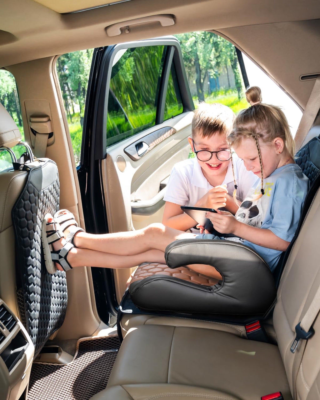 Black-Brown Backless Booster Seat with Latch, Leather Seat Protector & Kick Mat Set Q856