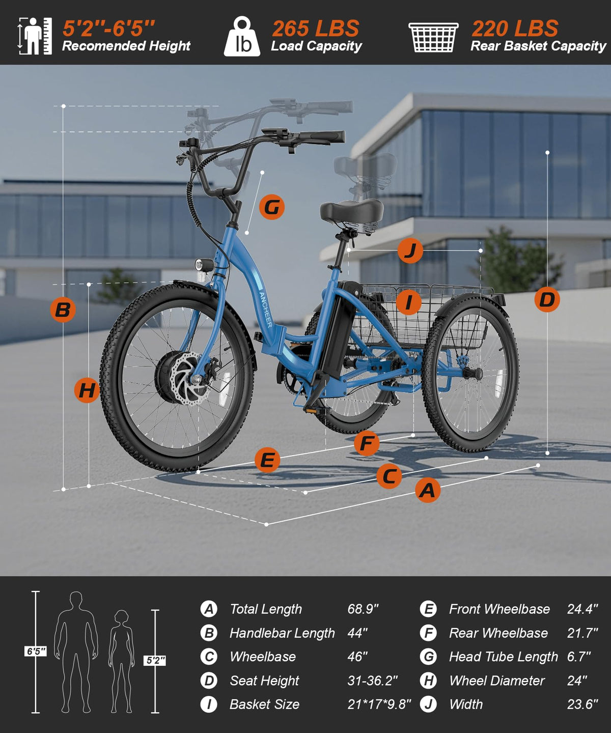 Electric Tricycle for Adults, 600W Folding, 24" 499Wh, 15.5MPH, Removable Battery, 3 Wheel, Blue X468540
