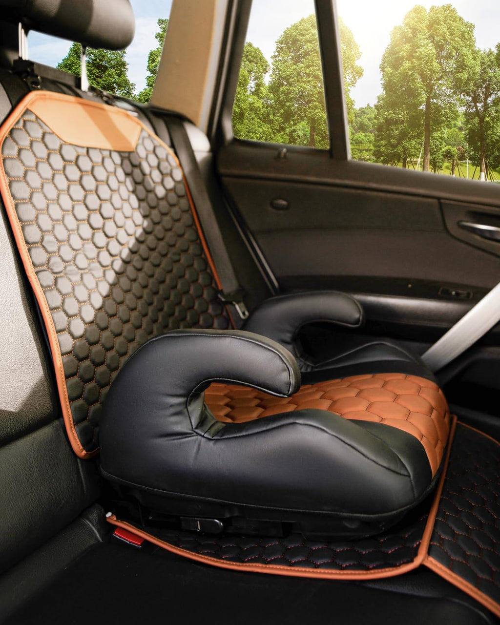 Black-Brown Backless Booster Seat with Latch, Leather Seat Protector & Kick Mat Set Q856