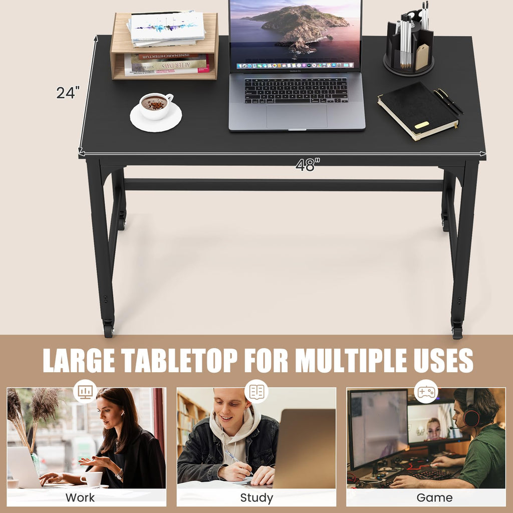 48” Mobile Computer Desk with 4 Lockable Wheels, Black Metal Frame D26828