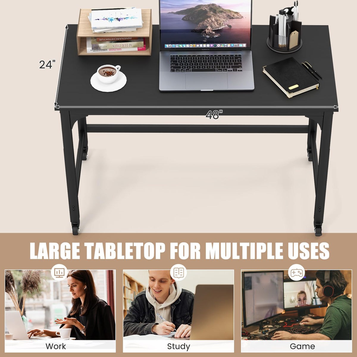 48” Mobile Computer Desk with 4 Lockable Wheels, Black Metal Frame D26828