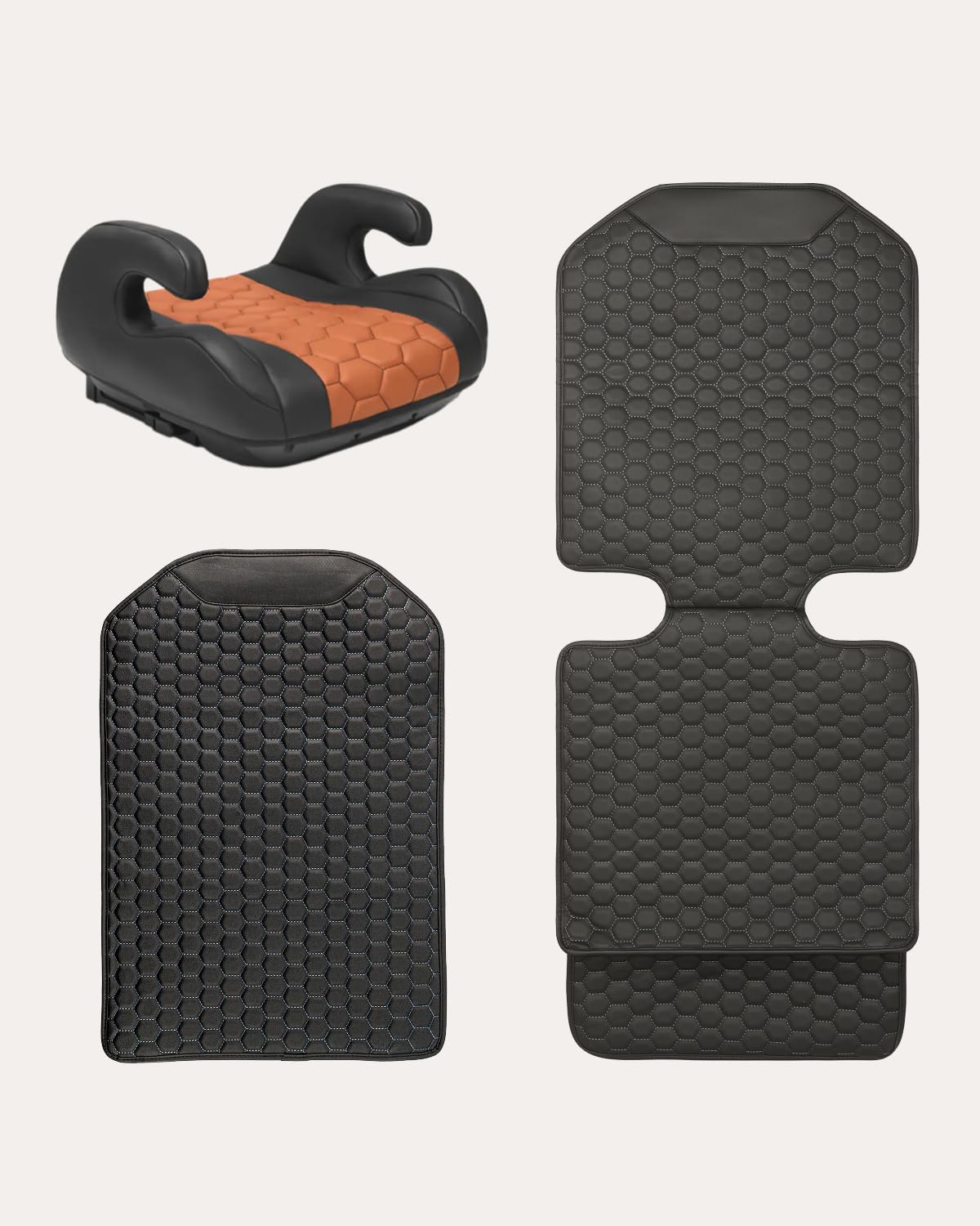 Black-Brown Backless Booster Seat with Latch, Leather Seat Protector & Kick Mat Set Q856
