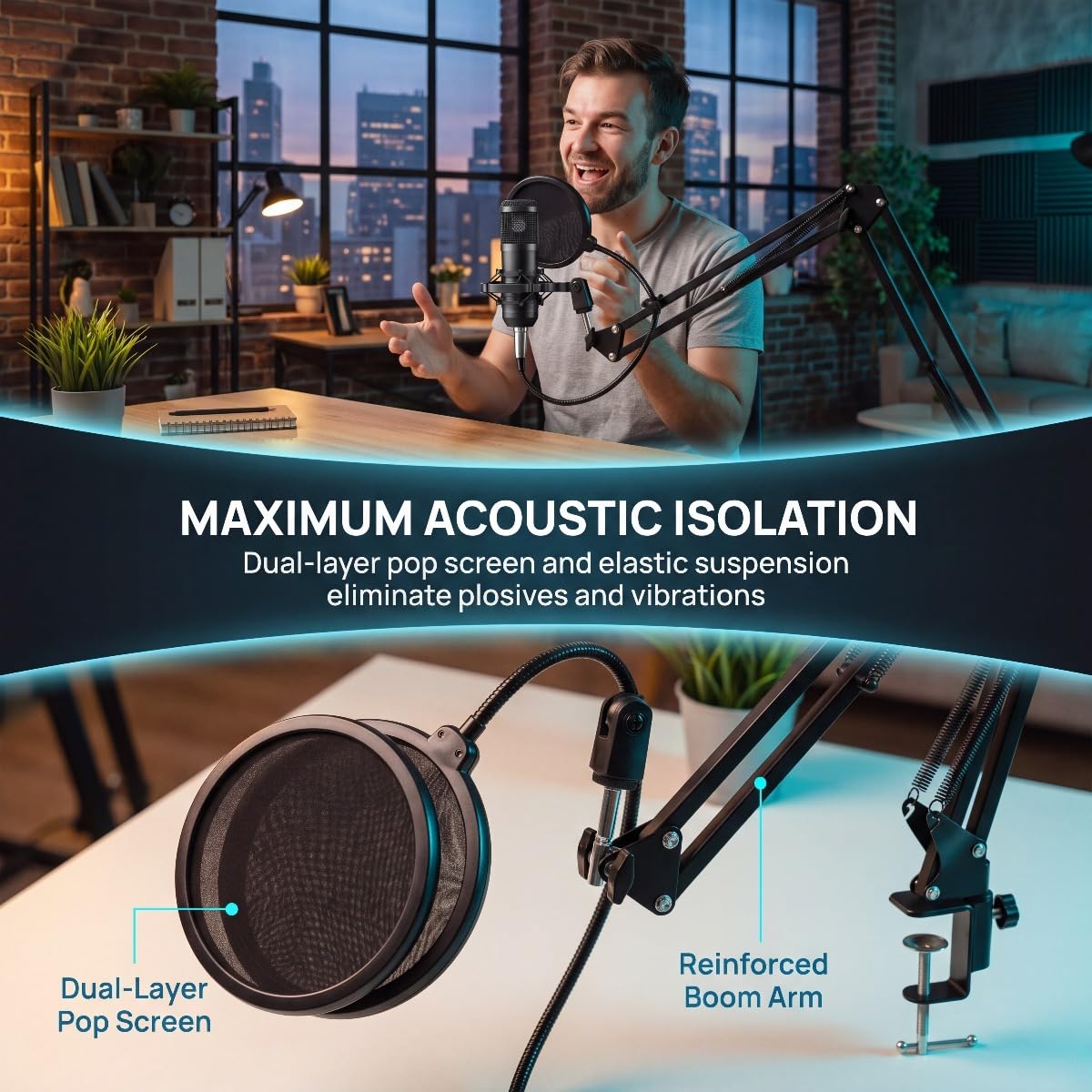 USB Condenser Microphone Kit with Boom Arm, Pop Filter, Shock Mount I112