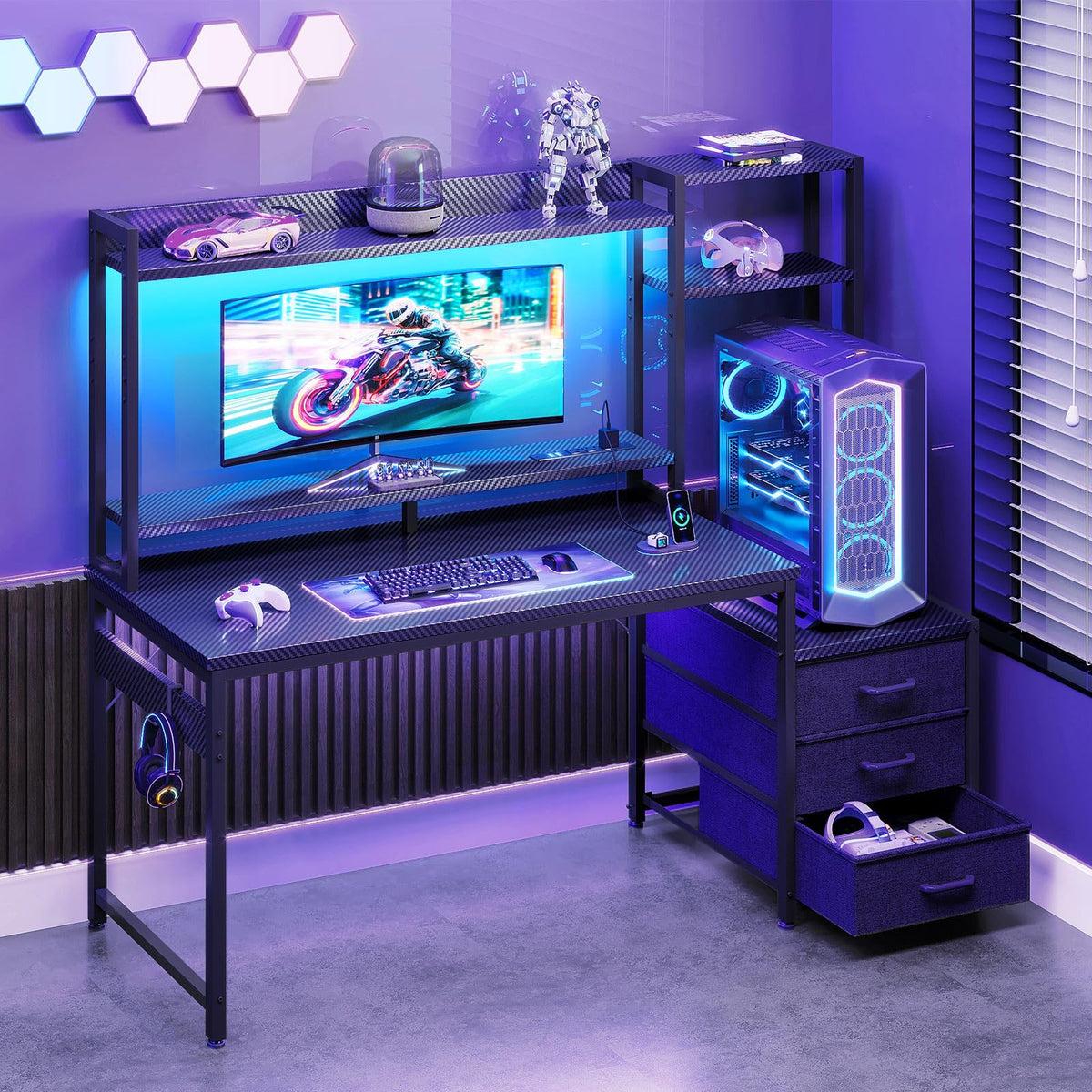 48 Inch Gaming Desk with Shelves and Drawers M8644