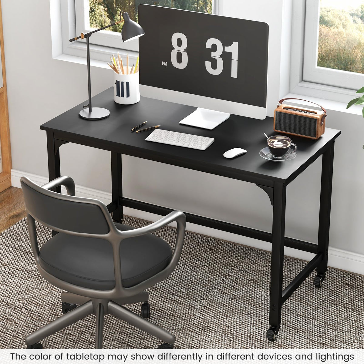 48” Mobile Computer Desk with 4 Lockable Wheels, Black Metal Frame D26828