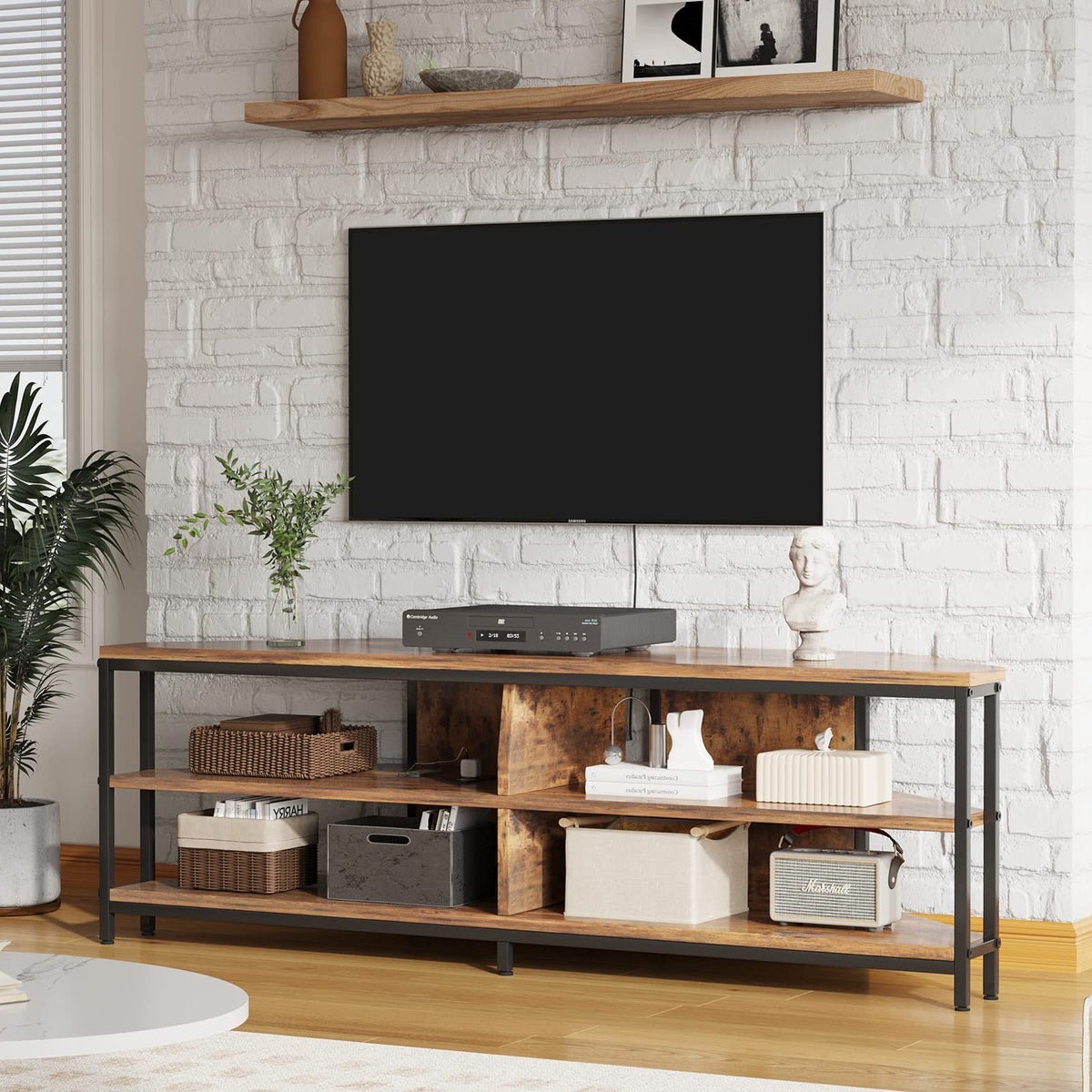 Corner TV Stand with Power Outlet, 55 Inch Rustic Brown L768
