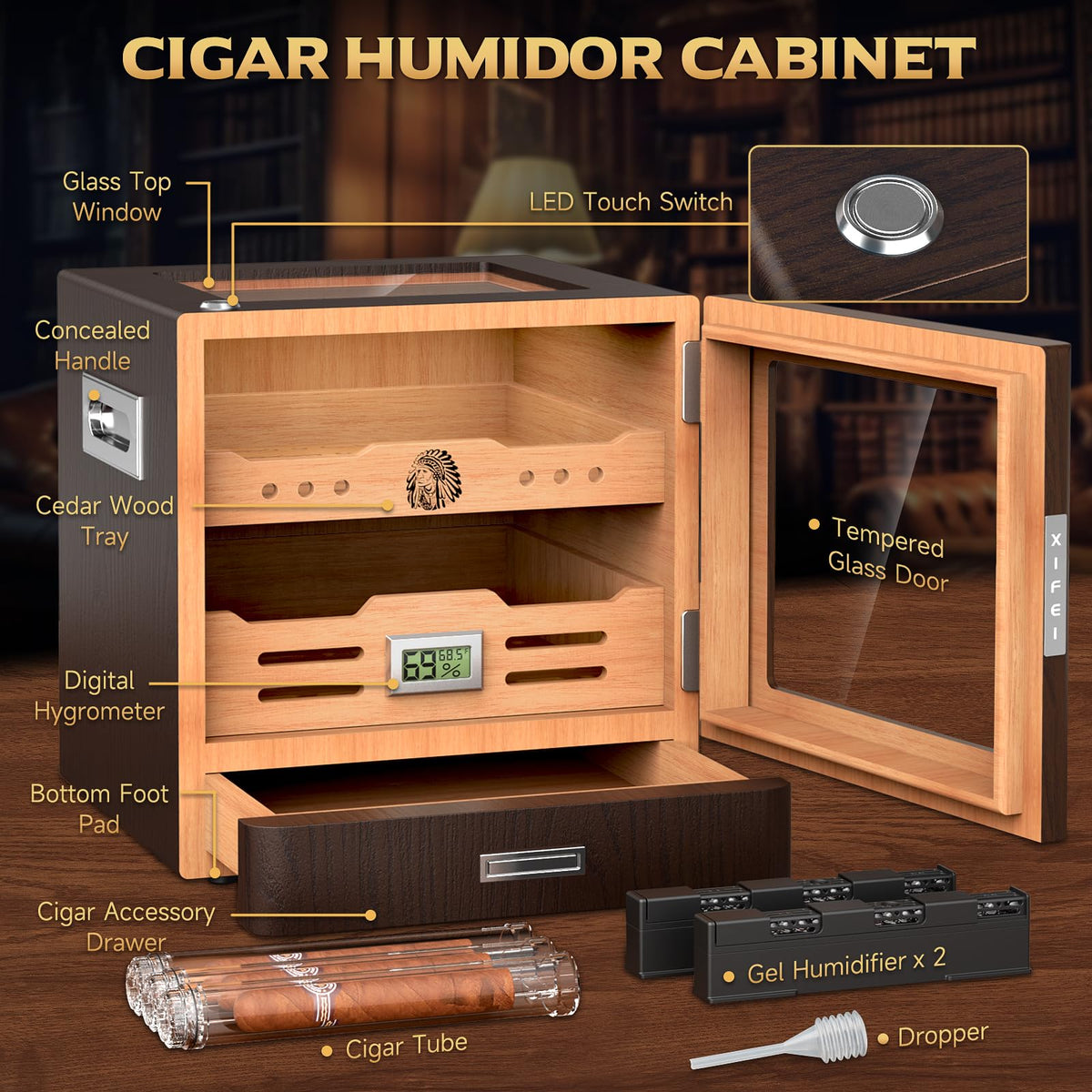 Cigar Humidor Cabinet with Digital Hygrometer and 2 Humidifiers R63480
