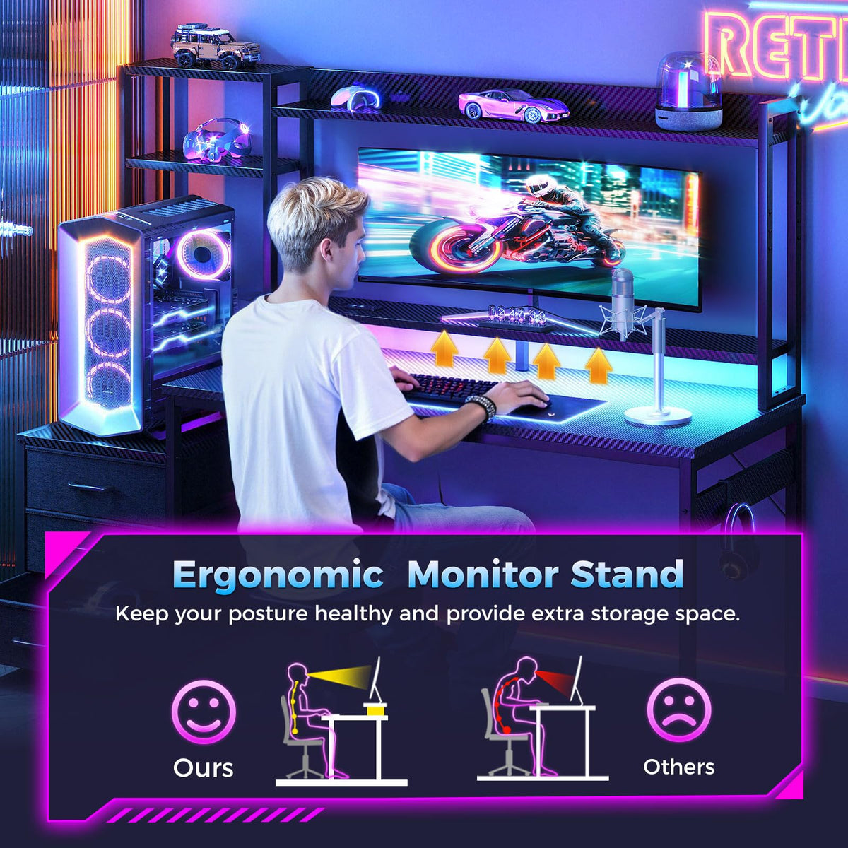 48 Inch Gaming Desk with Shelves and Drawers M8644