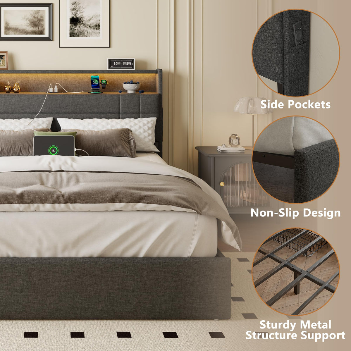 Queen Bed Frame with 4 Storage Drawers L334