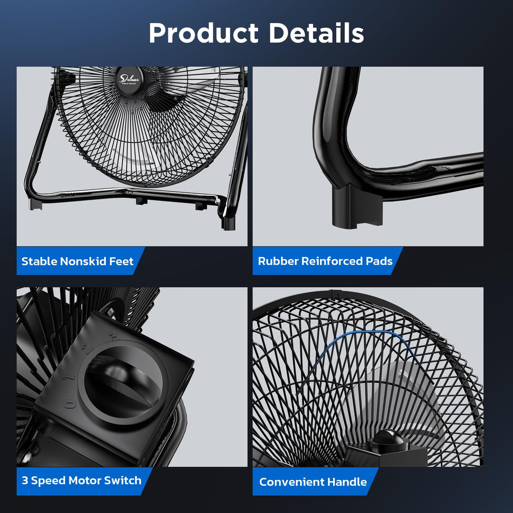 20 Inch 3-Speed High Velocity Metal Industrial Floor Fan, Black U3222