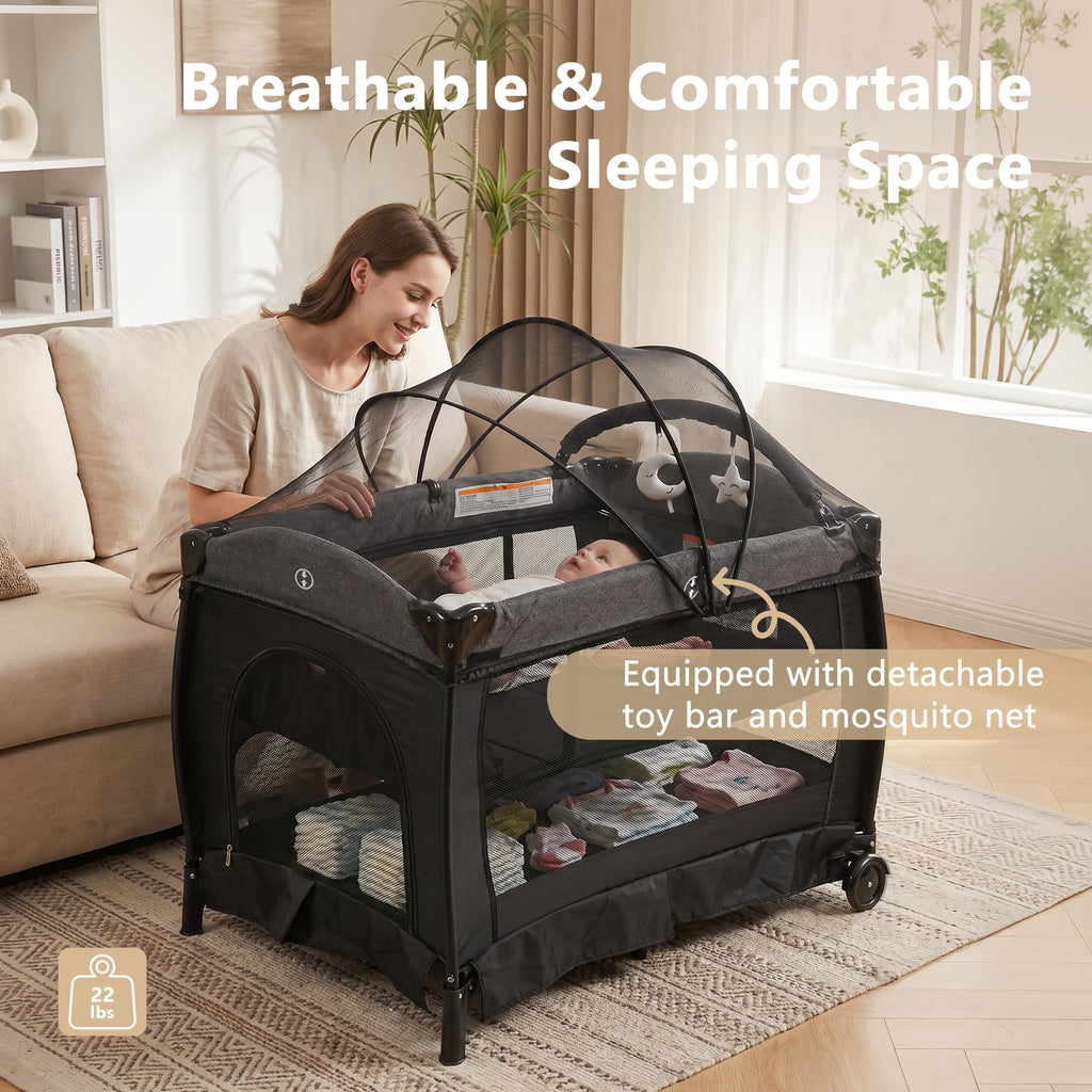 Portable Pack and Play Baby Playard with Bassinet Light Grey B5321