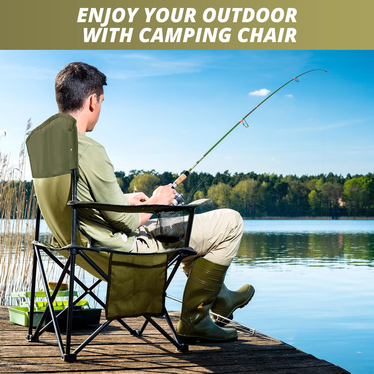 2 Pack Folding Camping Chairs with High Back, 300lbs Capacity, Green C959421