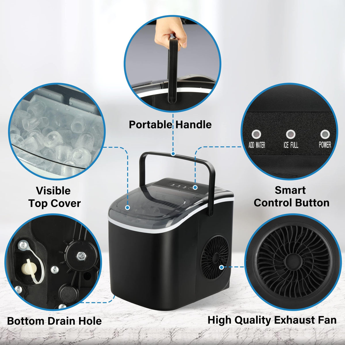 Countertop Ice Maker with Self-Cleaning, Ice Spoon and Basket, Black Y326