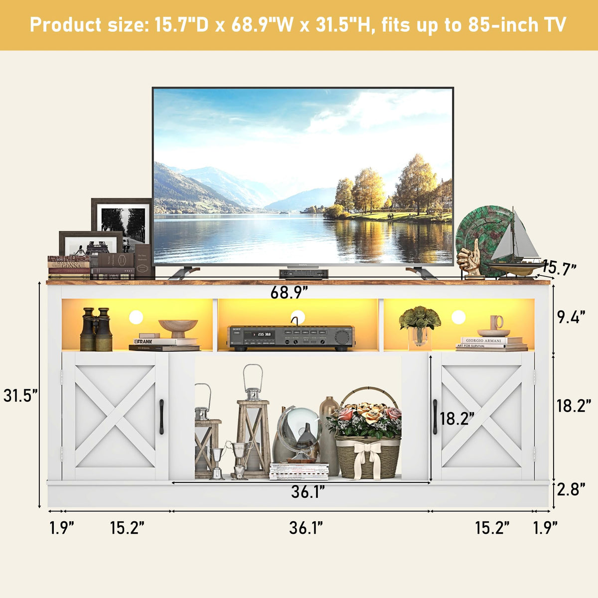 Farmhouse TV Stand for 70/75/80 Inch TV, White P7543