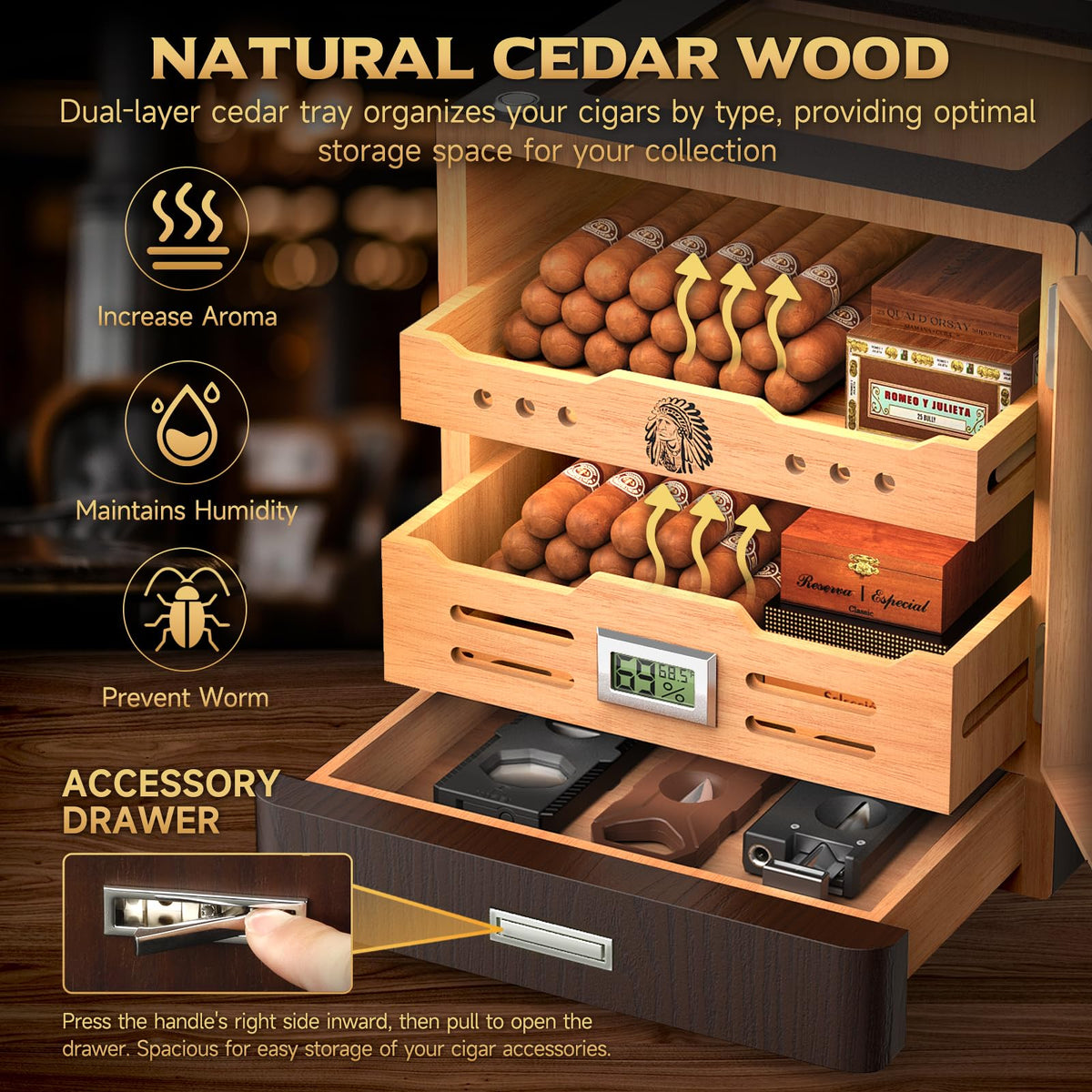 Cigar Humidor Cabinet with Digital Hygrometer and 2 Humidifiers R63480