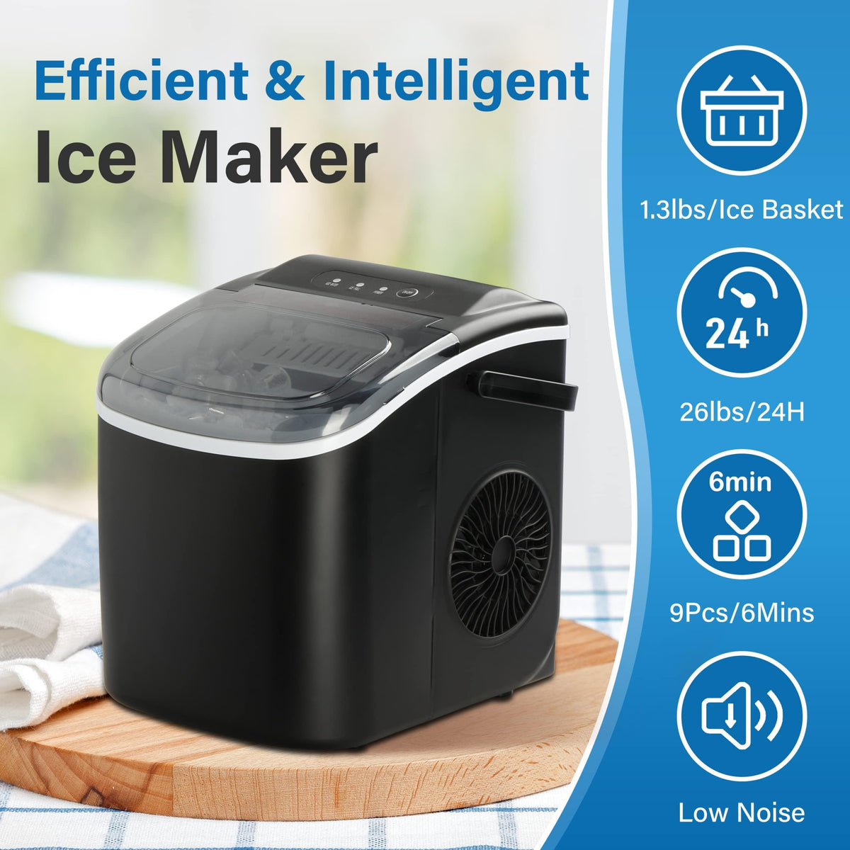 Countertop Ice Maker with Self-Cleaning, Ice Spoon and Basket, Black Y326