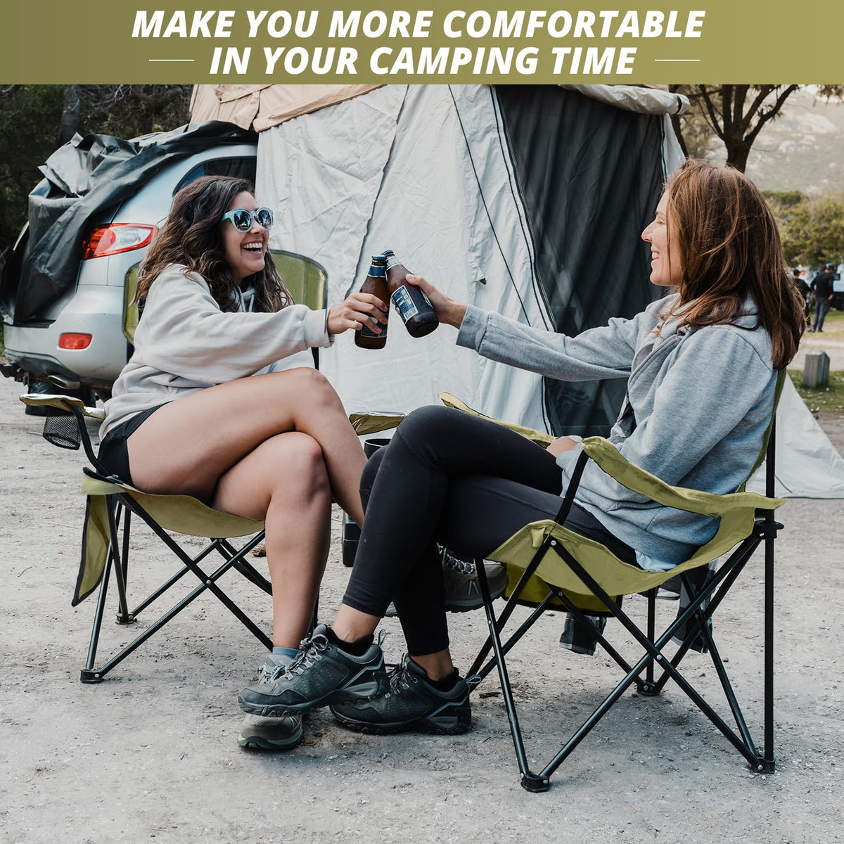 2 Pack Folding Camping Chairs with High Back, 300lbs Capacity, Green C959421