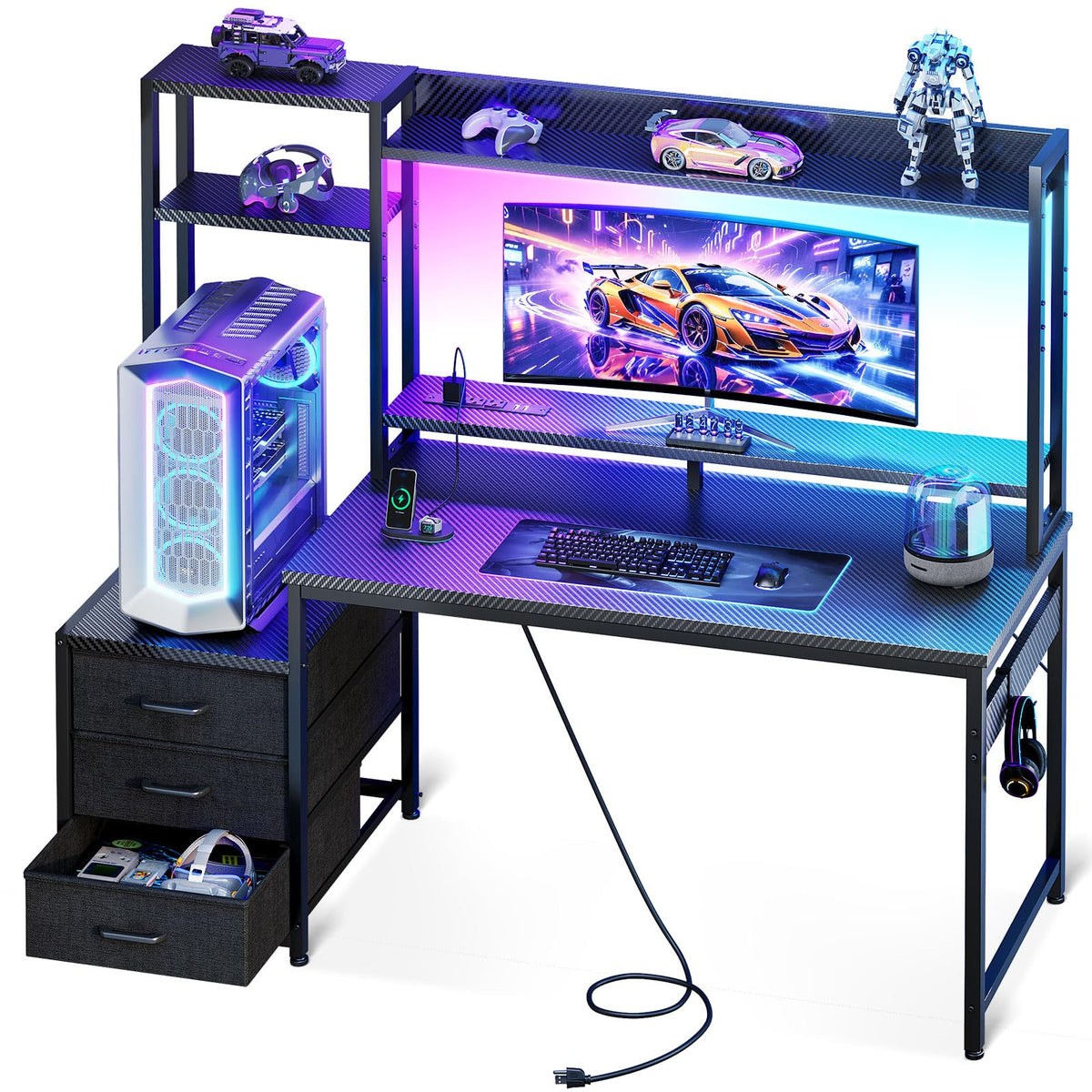 48 Inch Gaming Desk with Shelves and Drawers M8644