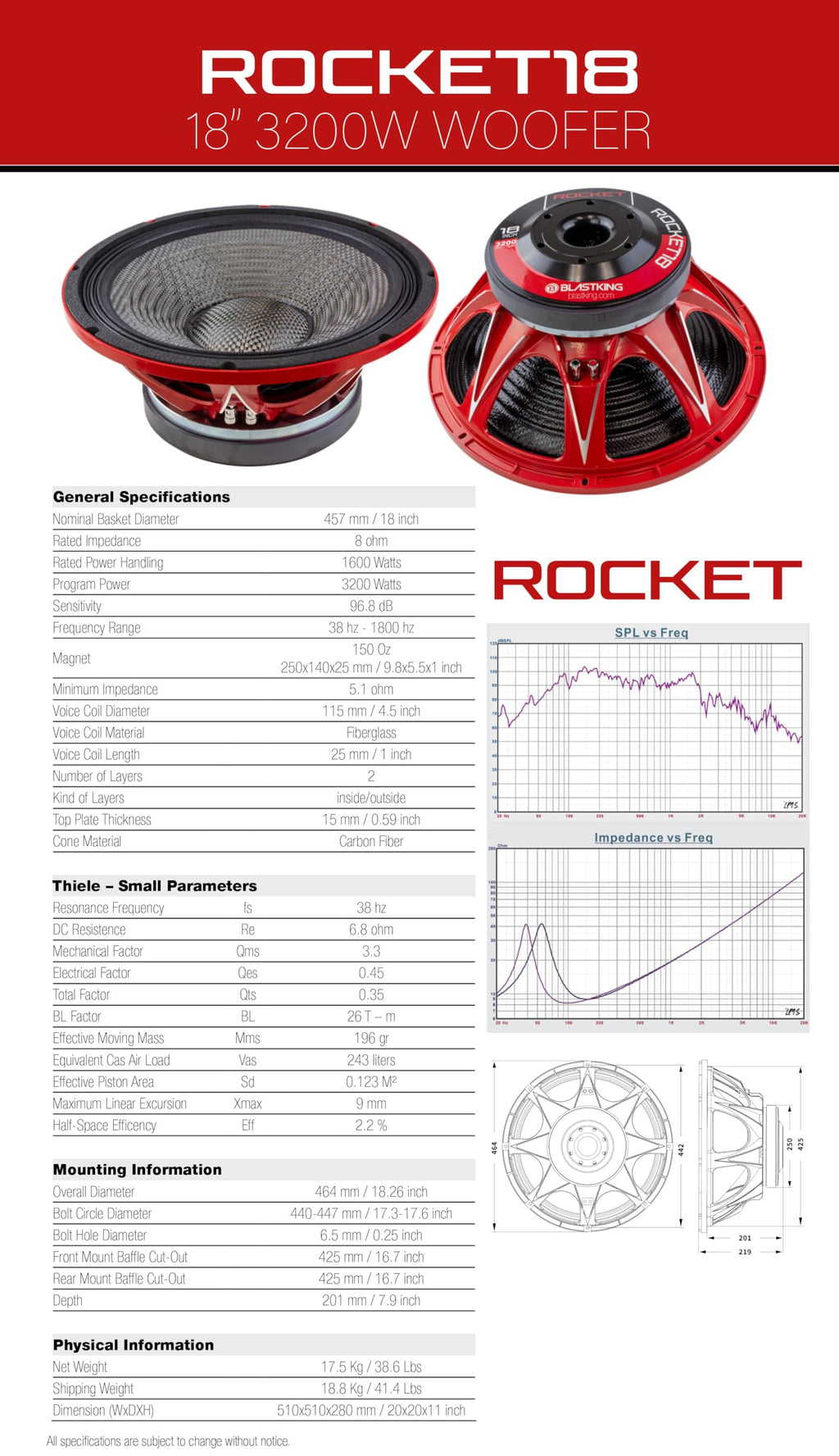 18" 3200W Woofer 8 Ω Carbon-Fiber Cone Subwoofer V39167