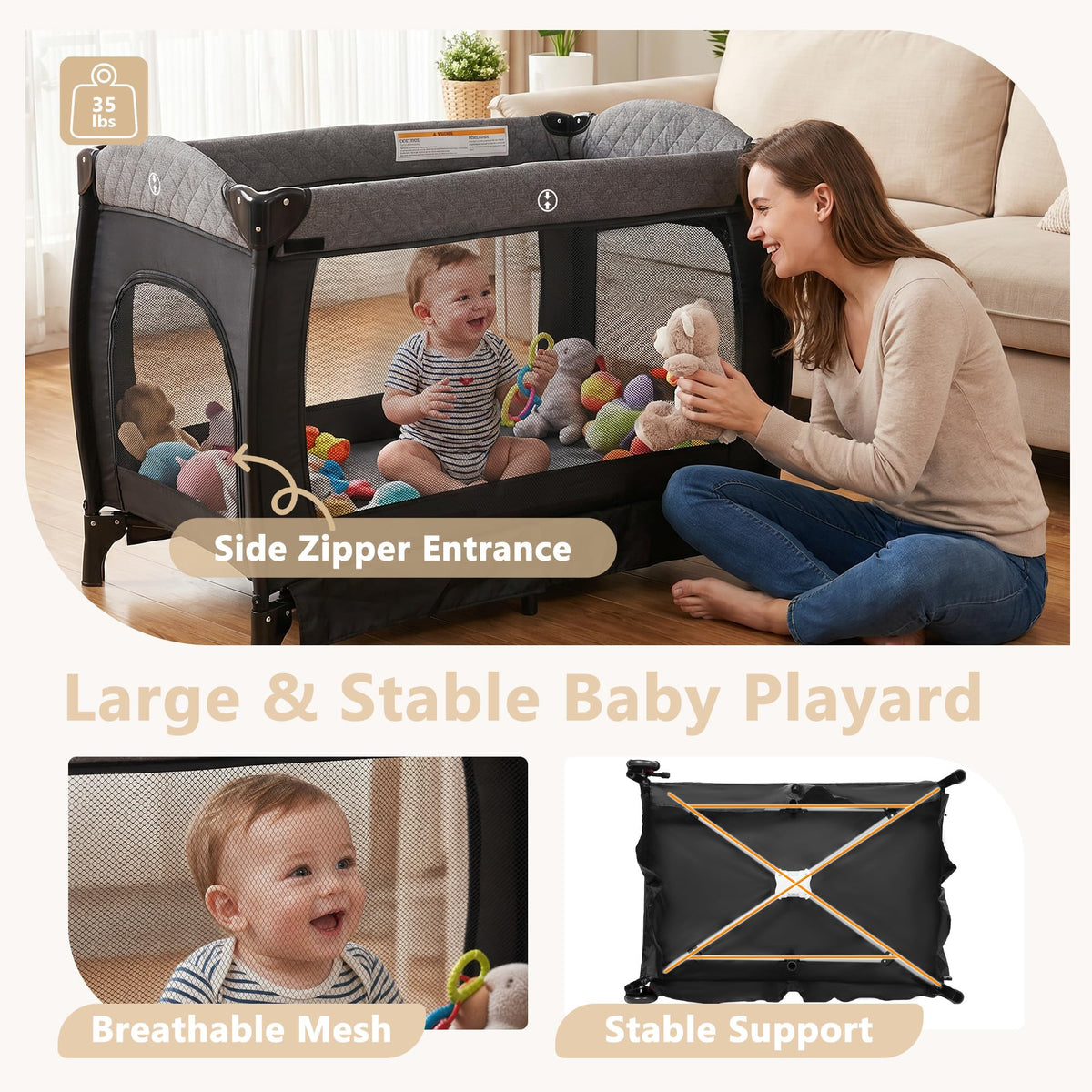 Portable Pack and Play Baby Playard with Bassinet Light Grey B5321