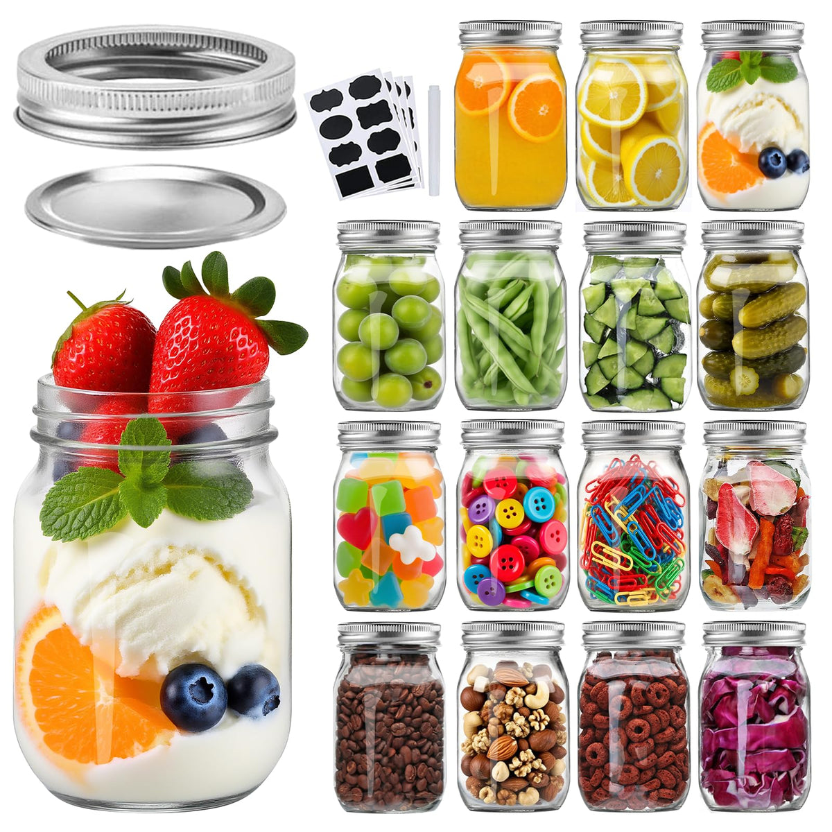 16 Pack 16 oz Glass Mason Jars with Airtight Lids and Bands Q7217