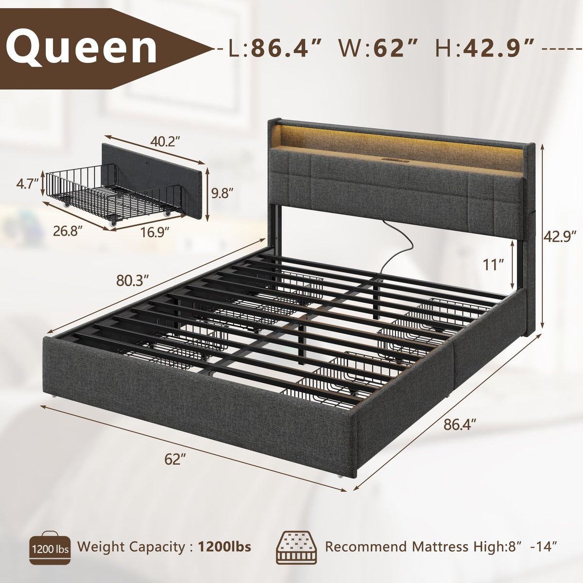 Queen Bed Frame with 4 Storage Drawers L334
