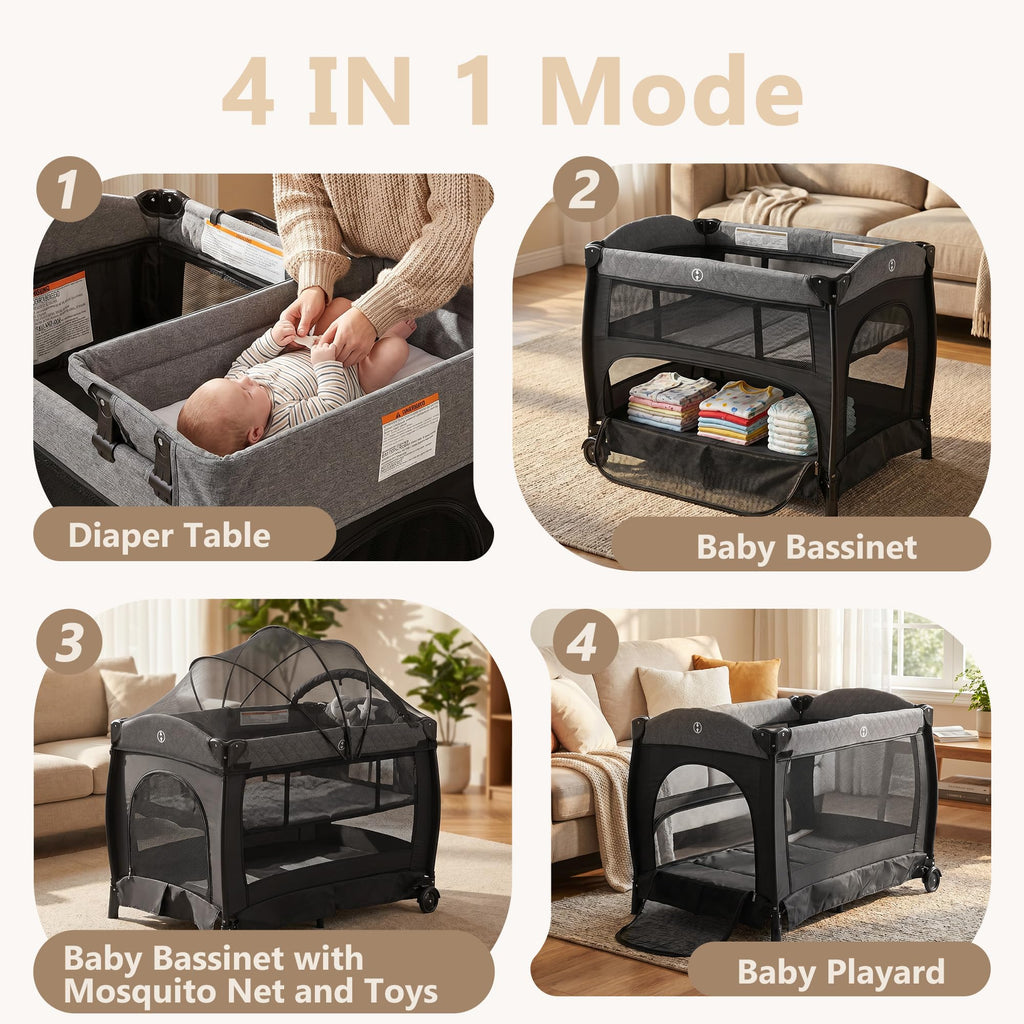 Portable Pack and Play Baby Playard with Bassinet Light Grey B5321