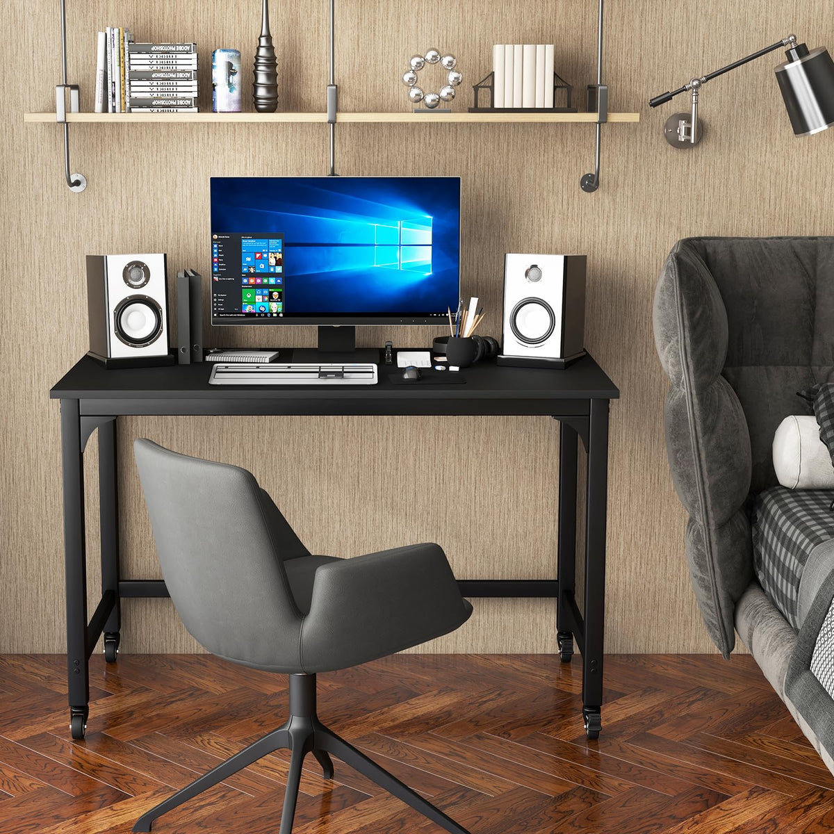 48” Mobile Computer Desk with 4 Lockable Wheels, Black Metal Frame D26828