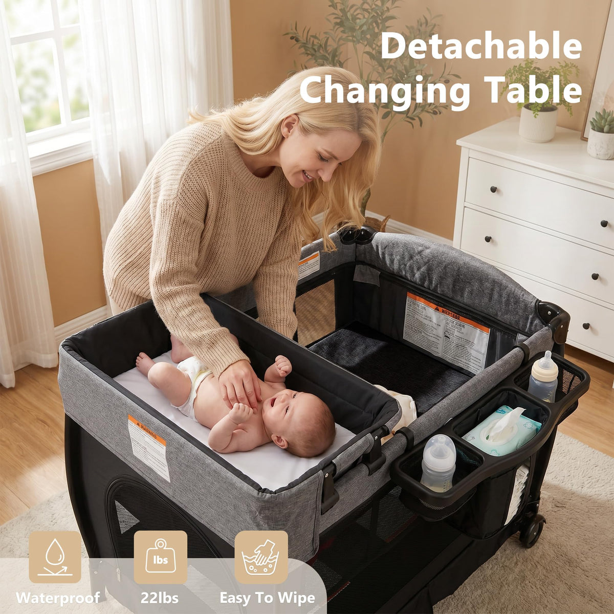 Portable Pack and Play Baby Playard with Bassinet Light Grey B5321
