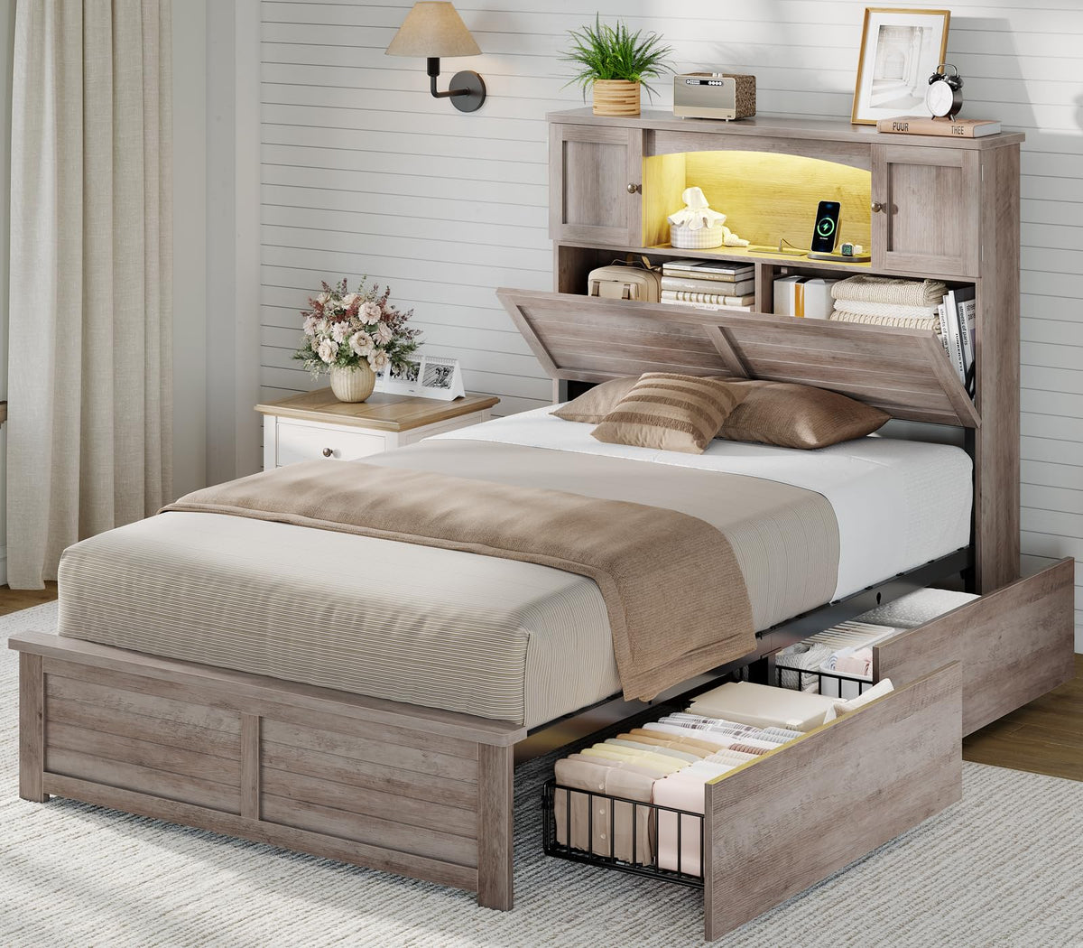 Twin Size Wood Platform Bed Frame with Bookcase Storage Headboard and 4 Drawers O986231