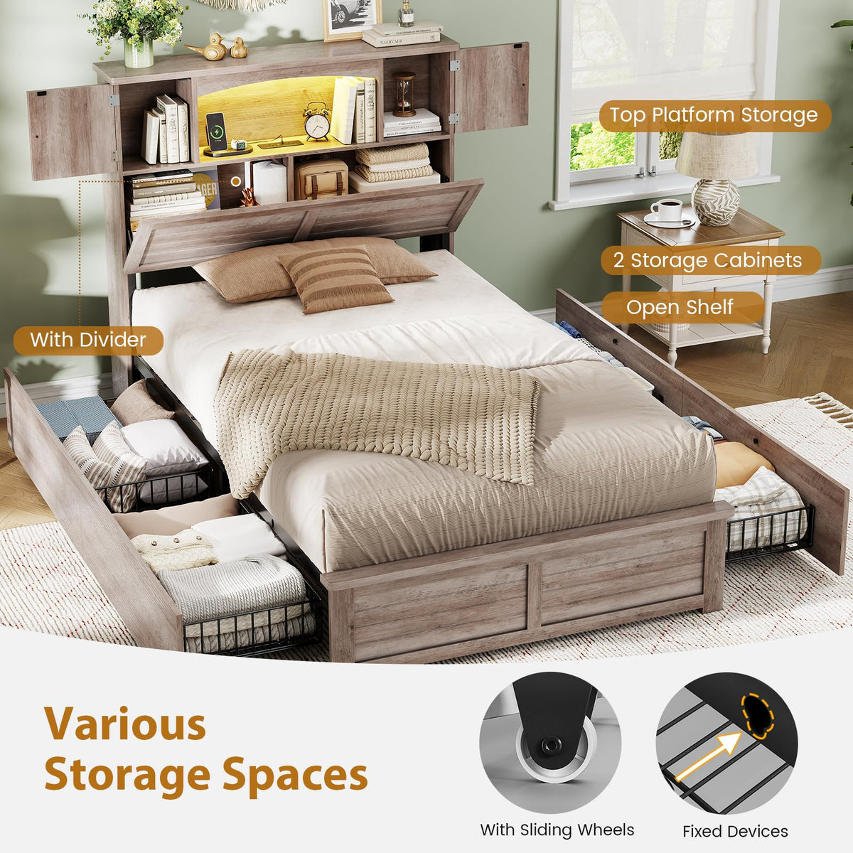 Twin Size Wood Platform Bed Frame with Bookcase Storage Headboard and 4 Drawers O986231