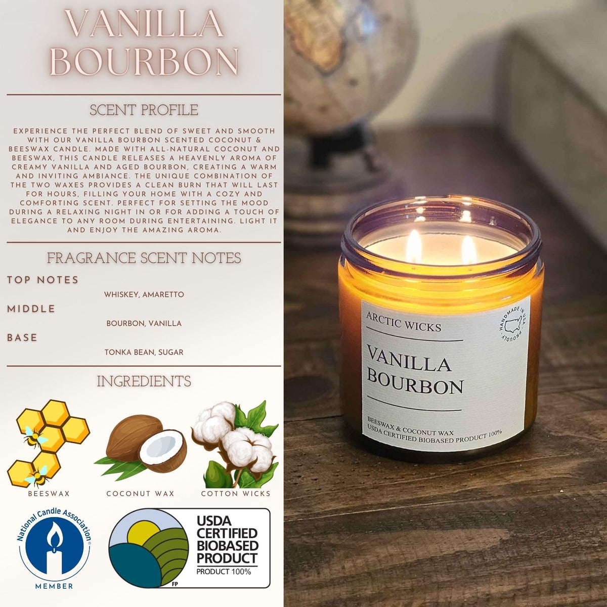 Vanilla Bourbon 16oz Double Wick Coconut Beeswax Candle C845