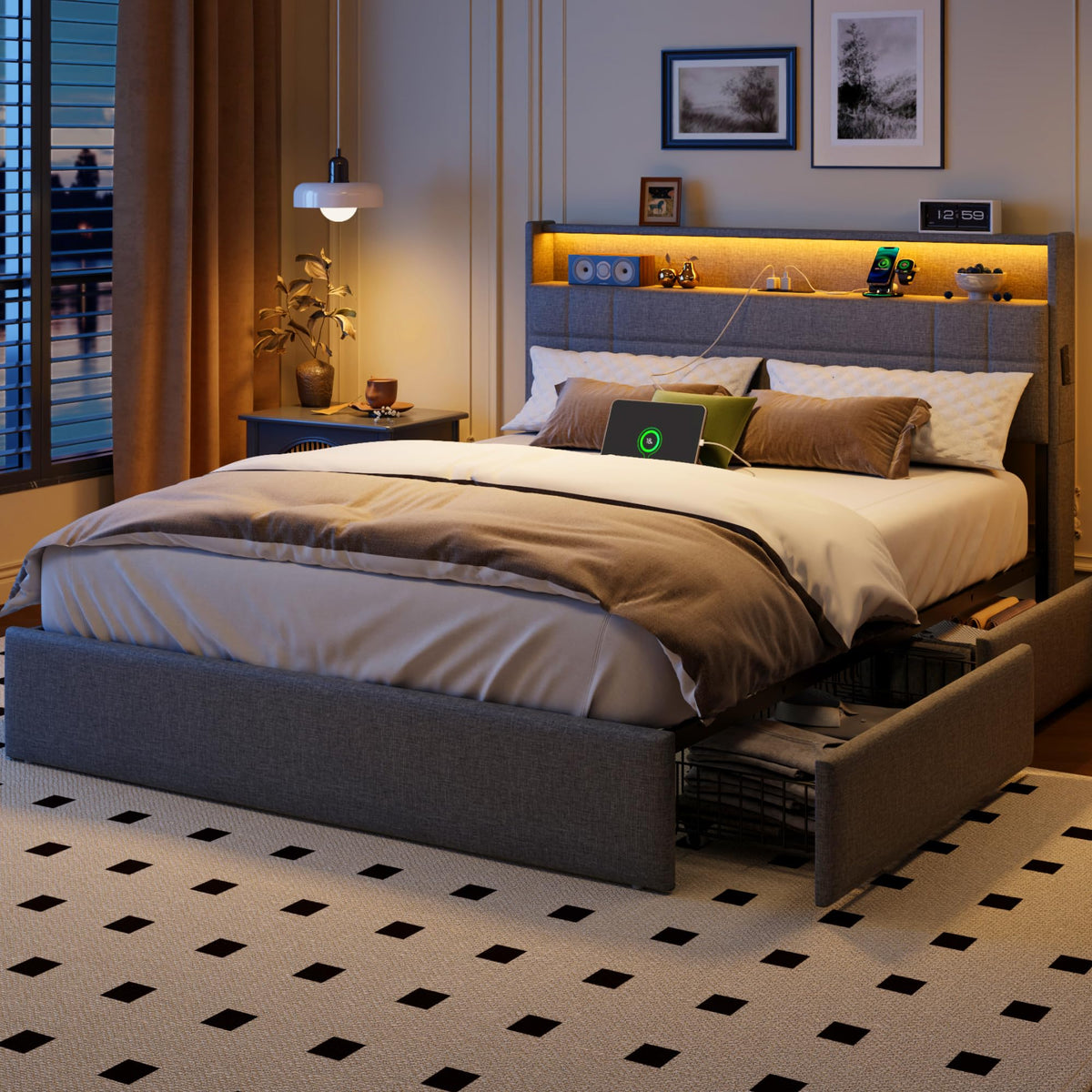 Queen Bed Frame with 4 Storage Drawers L334